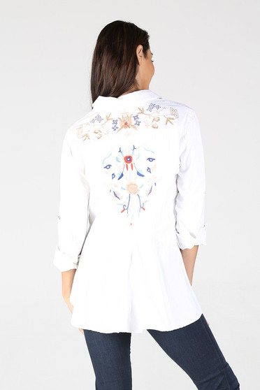 LONG SLEEVE BUTTON FRONT TOP WITH EMBROIDERY ON BACK