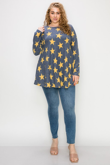 CURVY LOVEY PLUS SIZE LONG SLEEVES STAR PRINT TOP