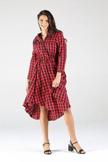 CHECKERED LONG SLEEVE DRESS WITH TIE FRONT