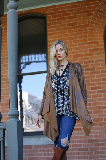 LONG SLEEVE OPEN FRONT FAUX SUEDE JACKET