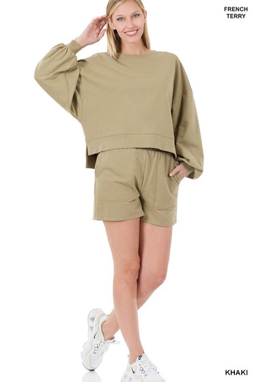 FRENCH TERRY DROP SHOULDER TOP & DRAWSTRING SHORTS SET