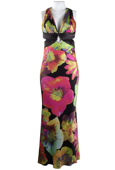 CACHET FLORAL SILK PLEATED BODICE CUTOUT OPEN BACK MERMAID FIT GOWN