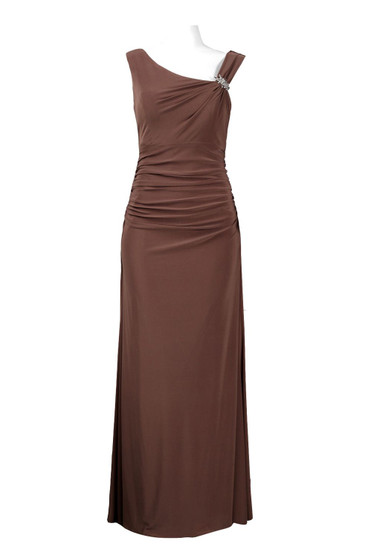 CACHET ASYMMETRICAL NECK SLEEVELESS COWL BACK BROOCH DETAIL RUCHED WAIST CHIFFON