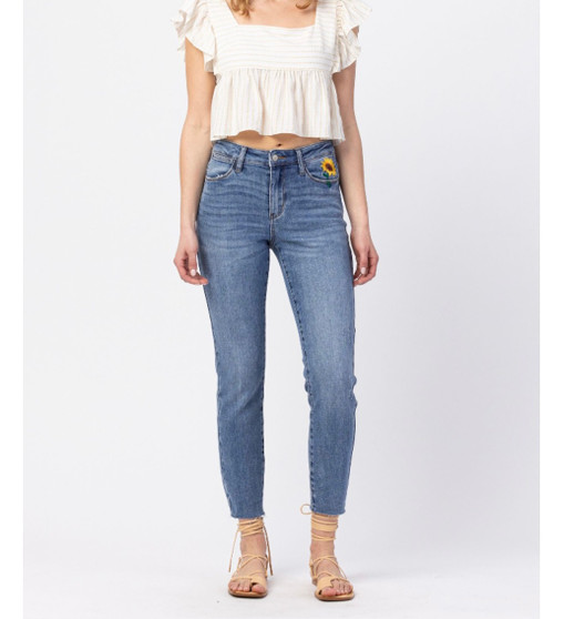 JUDY BLUE HI-RISE RELAXED SUNFLOWER POCKET CROPPED JEANS