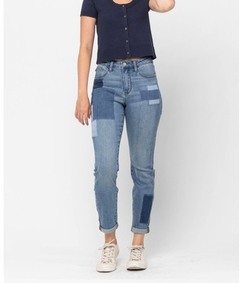 JUDY BLUE WOMENS HIGH WAIST DOUBLE ROLLED CUFF PATCH BOYFRIEND