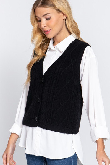 ACTIVE BASIC WOMEN'S V-NECK BUTTON DOWN CABLE SWEATER VEST CROPPED