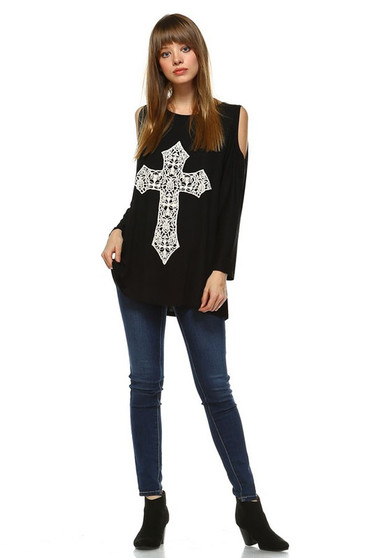 Long Sleeve Cold Shoulder Top Black