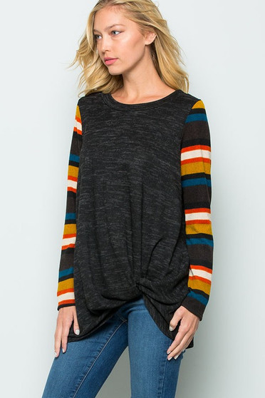 Color Block Side Knot Detail Long Sleeve Top