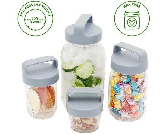 MJL Gray Plastic Handle/Canister Lids for Regular Mouth Mason Or Ball Jars 4 Pack