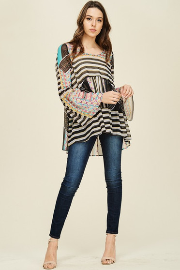 Chiffon Scarf Print Bell Sleeve Top
