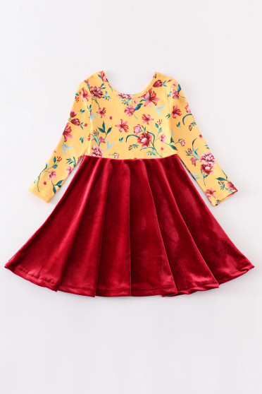 Honeydew Maroon floral velvet twirl girls dress