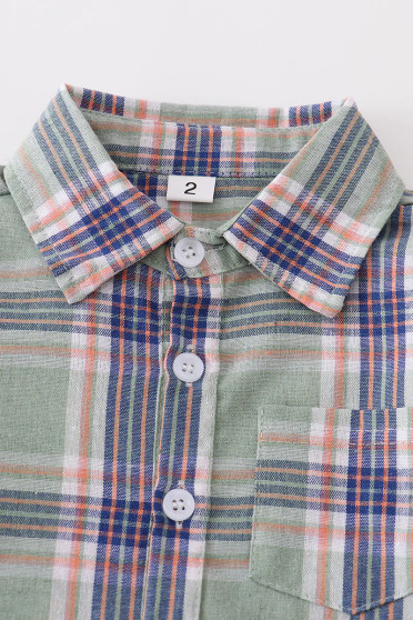 Honeydew Green plaid button down boys shirt
