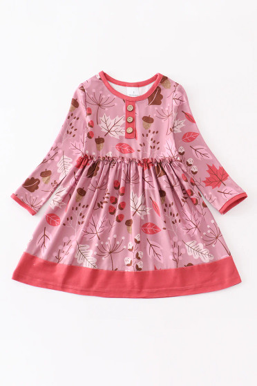 Honeydew Pink Leaf print girls dress