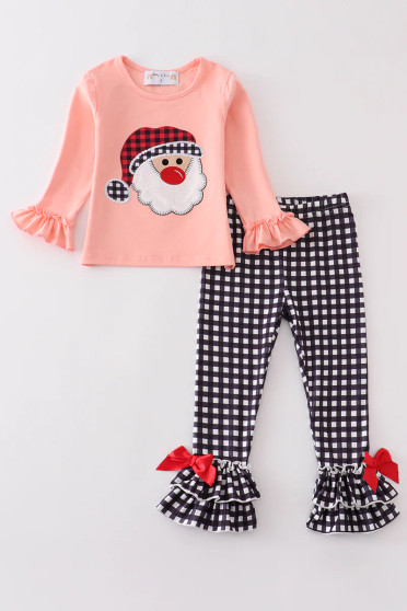 Abby & Evie Pink santa claus applique plaid girls set