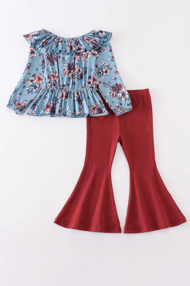 Honeydew Blue floral print bell bottom pants set