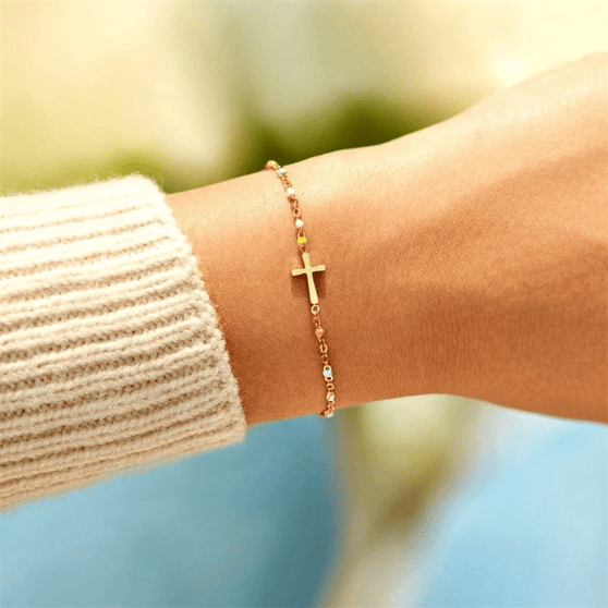 Dainty Boho Color Bead Cross Bracelet in .925 Sterling Silver