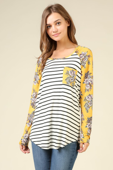 BE STAGE Striped Raglan Sleeve Top with Floral Sleeves
