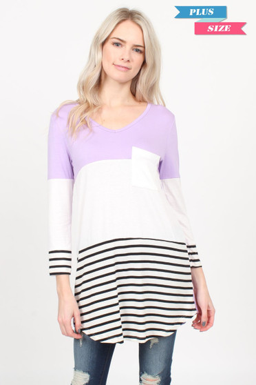 BE STAGE Plus Size Long Sleeve Color Block Top