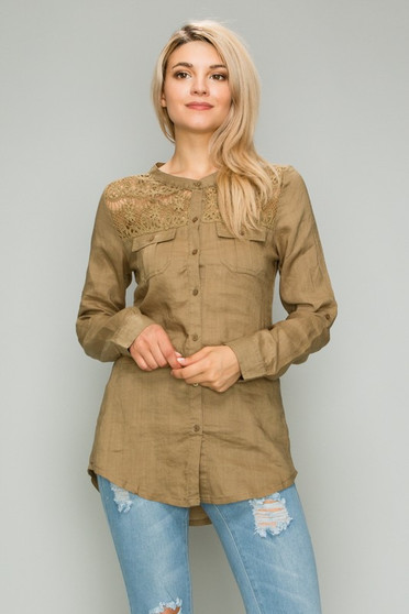 Woven Button Down Top with Lace Inserts