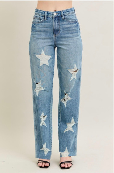Judy Blue American High Waist Rigid Magic Star Destroy Straight Jeans