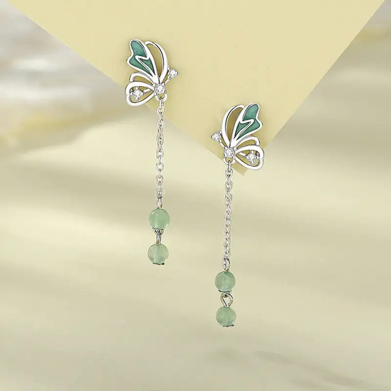 Green Butterfly Dangle Drop Earrings in 925 Sterling Silver