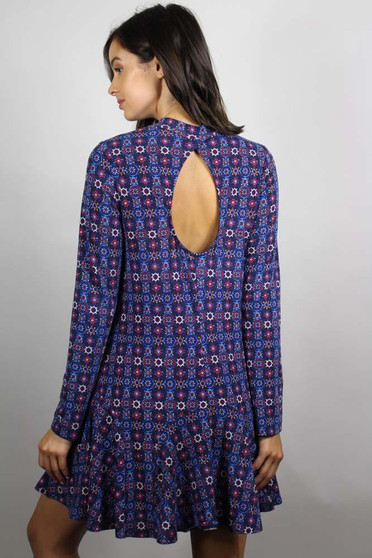 Printed Pleat Dress with Keyhole Back
