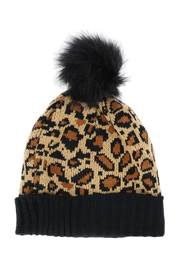 Leopard Print Knit Hat with Pom