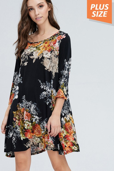 PLUS SIZE FLORAL PRINT SWING DRESS WITH POCKETS