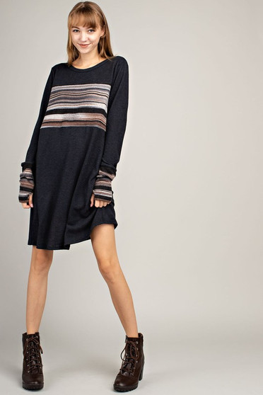 MITTOSHOP MULTI STRIPE COLOR BLOCK THUMB HOLE KNIT DRESS AVAILABLE IN 2 COLORS