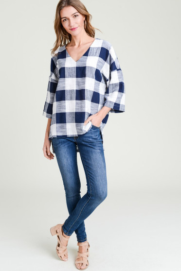 COTTON BLEU Women's Cotton Linen Gingham Check V-Neck Blouse