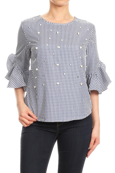 NINA ROSSI Women's Gingham Plaid Blouse with Pearl Accents Available in 2 Colors