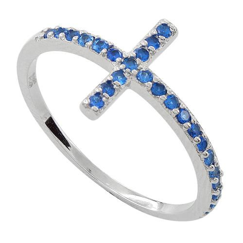 Sterling Silver Cross Blue CZ Ring