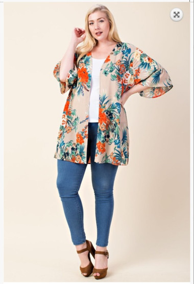Plus Size Tropical Ruffle Sleeve Cardigan