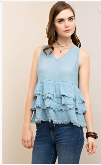 Crinkled V-Neck Tiered Top with Raw Edge