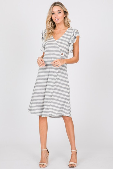 CES FEMME Striped Button Detail Ruffle Sleeve Dress