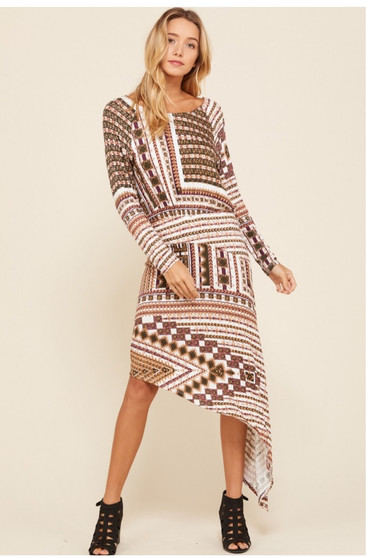 Geometric Print Long Sleeve Knee Length Dress 