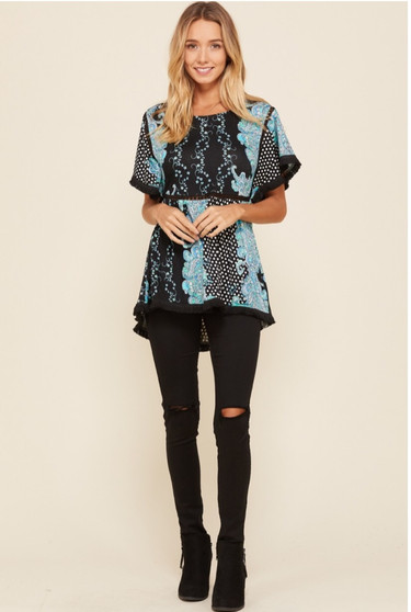 Boat Neck Empire Waisted Fringe Trim Paisley Flyaway Sleeve Top 