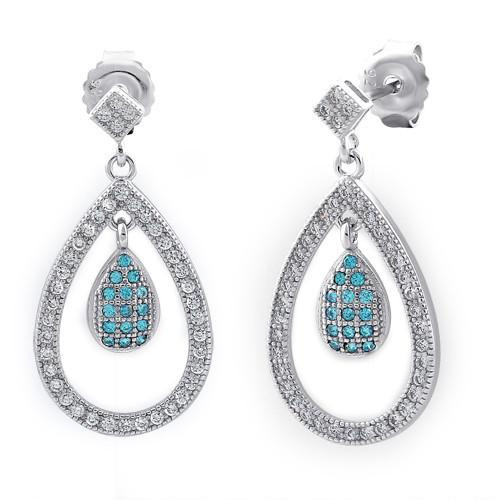 Sterling Silver Double Drop Blue CZ Dangle Earrings