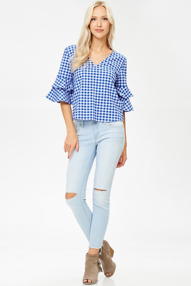 WHITE BIRCH Cropped Gingham V-Neck Top