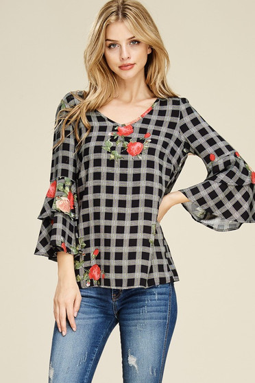 WHITE BIRCH Woven Top with Bell Sleeve and V-Neck