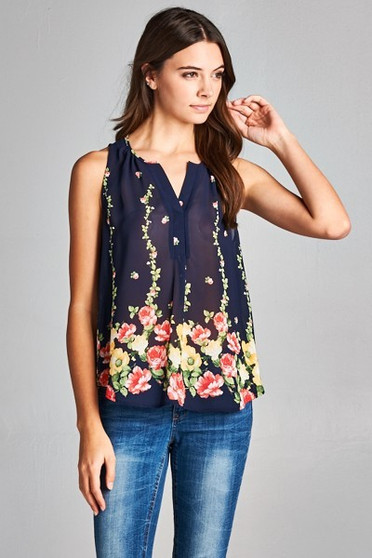 DNA COUTURE Chiffon Floral Border Button Sleeveless Top