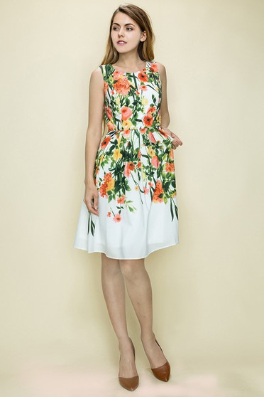 LA ROS Ink Floral Print Sleeveless Dress with Pleated Skirt Liverpool Fabric