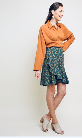 UMGEE Teal Straw Flower Print Faux Wrap Skirt with Ruffle Hem 