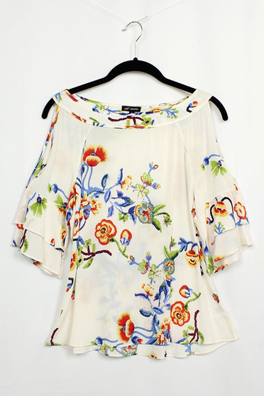 MICHEL Floral Print 3/4 Ruffle Sleeve Cold Shoulder Blouse