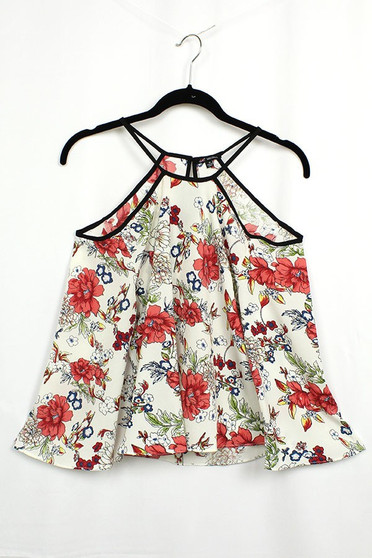 MICHEL Floral Print Spaghetti Strap Top With Full Hemline And Black Trim