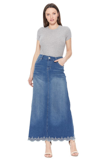 BR GIRL Stretch Denim A-Line Long Skirt with a Scalloped Embroidered Hem