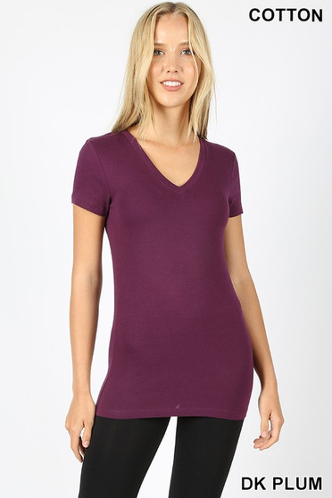 BASIC COTTON V-NECK SHORT SLEEVE TOP IN 3 COLORS