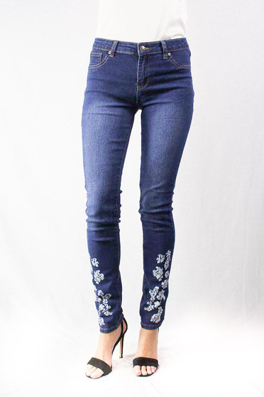 Blue Washed Denim Jeans with Floral Detail
