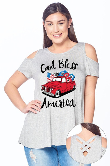 Plus Size Americana God Bless America Tee Cold Shoulder Gray