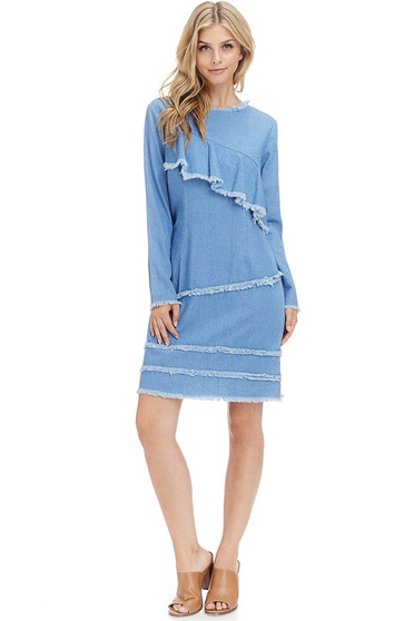 FAIRYLAND Light Denim Dress with Frayed Detailing